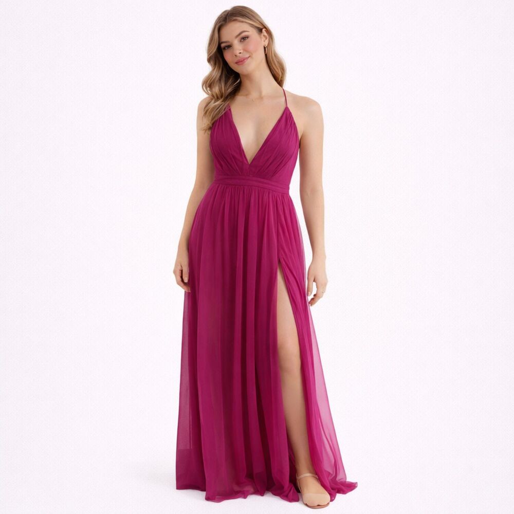 Maniju Magenta Formal Tulle Evening Gown Side Slit